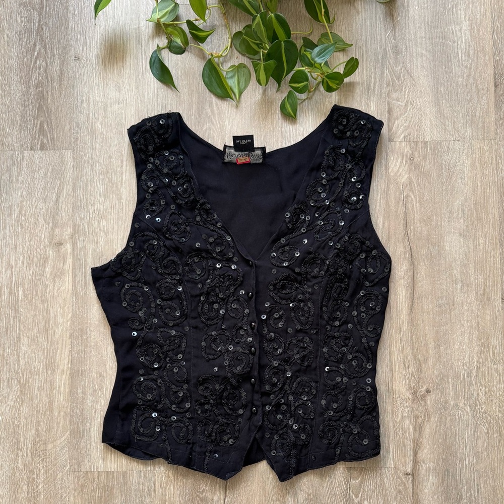 890’s Black Rayon Boho Button Down Sequined Embroidered Top Vest